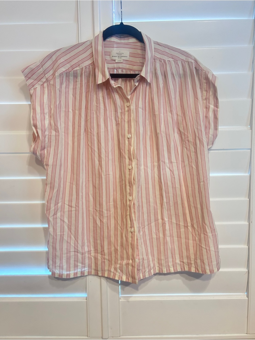 By Trovata Birds of Paradis Striped Cap Sleeve Button Down Top Pink White Multi